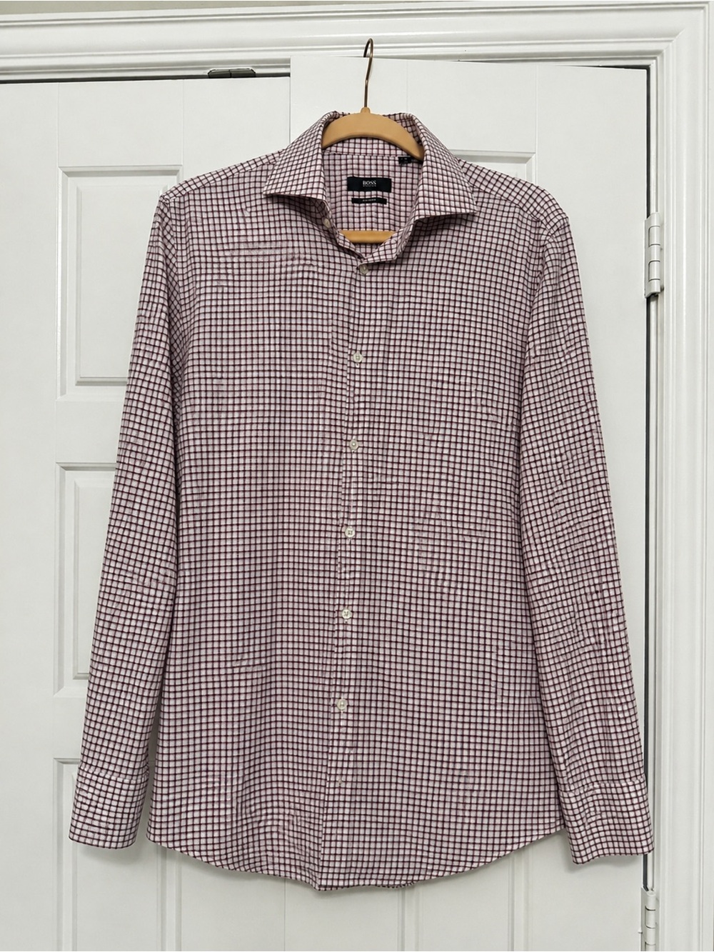 Hugo Boss Men's White and Burgundy Check Dress Shirt